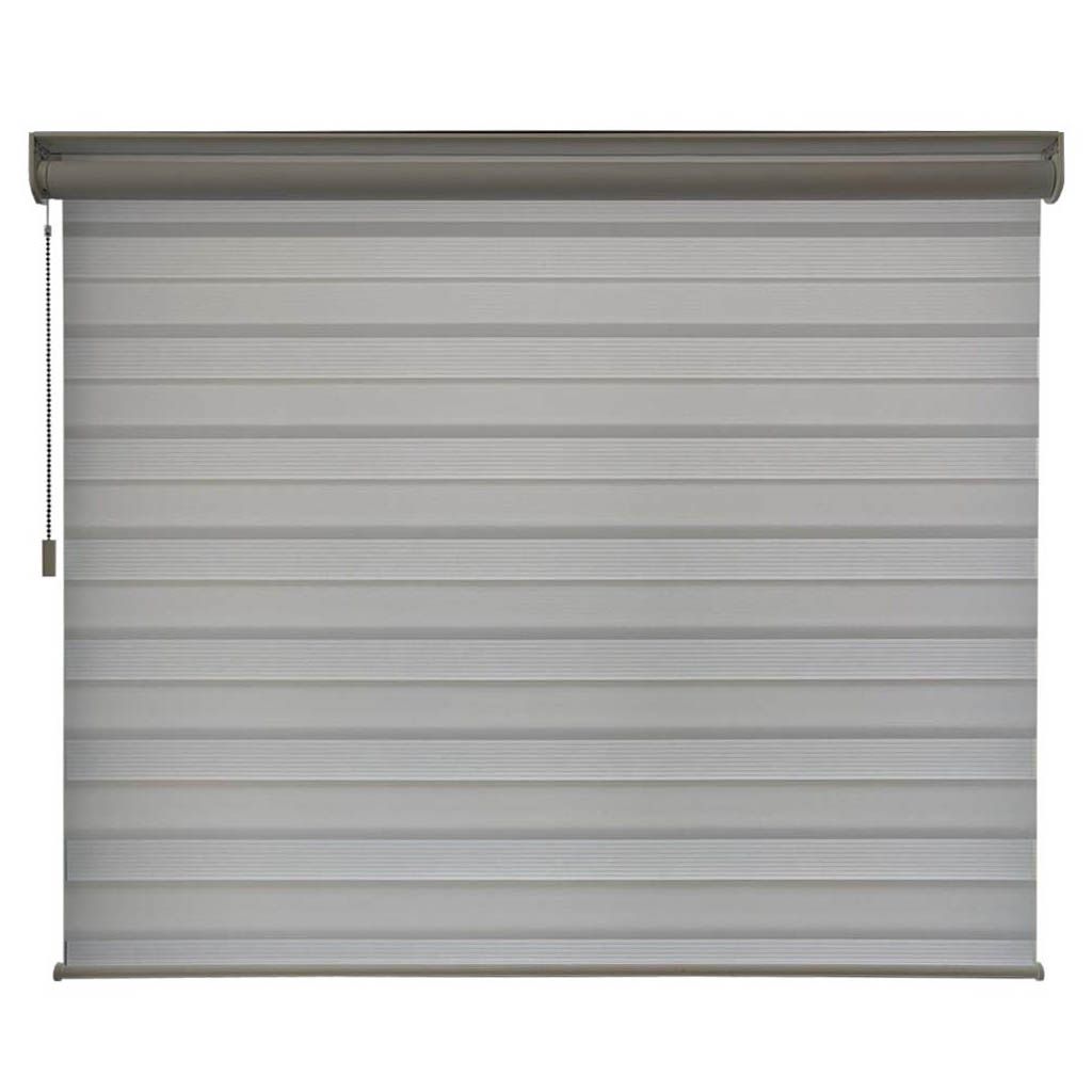 Modern Shade Xpress blade shade with overlapping layers of sheer and either light-filtering or room-darkening fabrics.